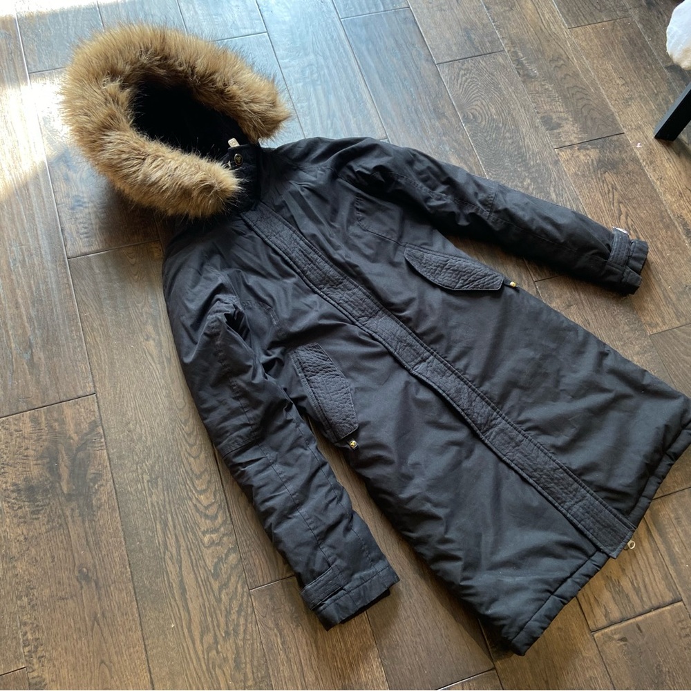TNA RAVEN black long parka zipped with fur trim hood XS